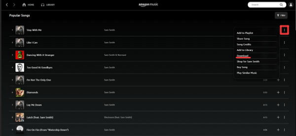 Amazon Musicで曲やプレイリストをFLAC品質でダウンロードするための三点メニュー操作画面