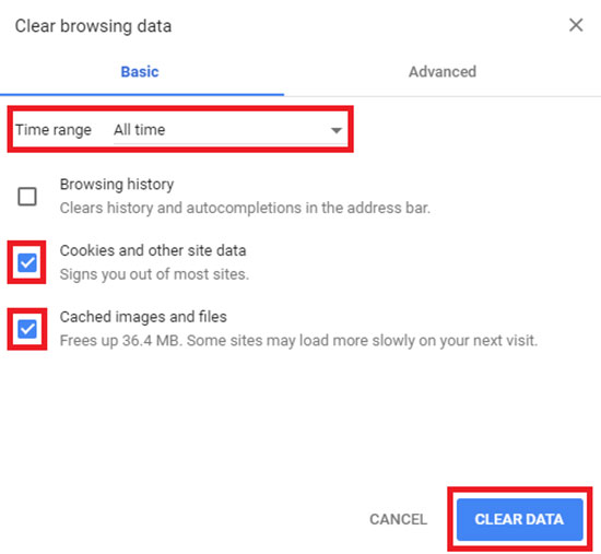 ブラウザのキャッシュとCookieを消去する。
