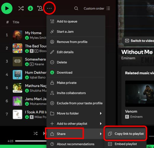 プレイリストへのリンクをコピーを選択 | Spotify のダウンロードはどこに保存されますか