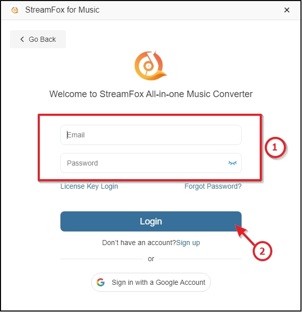 パスワードを使用してStreamFox for Musicにログインする | StreamFox All in One Converter ユーザーガイド