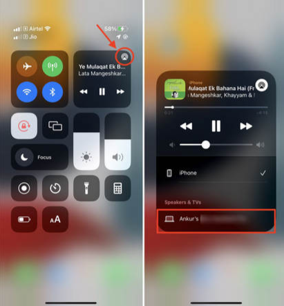 iOS コントロールセンターで AirPlay を開く画面