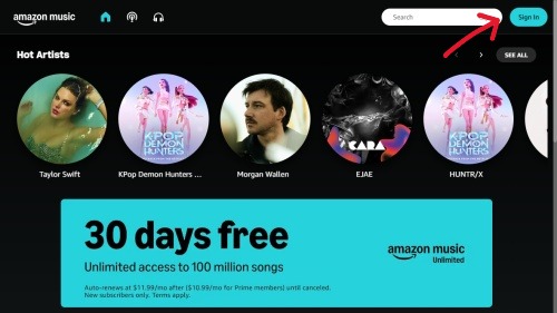 Amazon Musicウェブプレイヤーにログイン