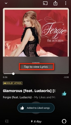 Androidで曲を再生し、「歌詞」タブをタップすると歌詞が表示されます