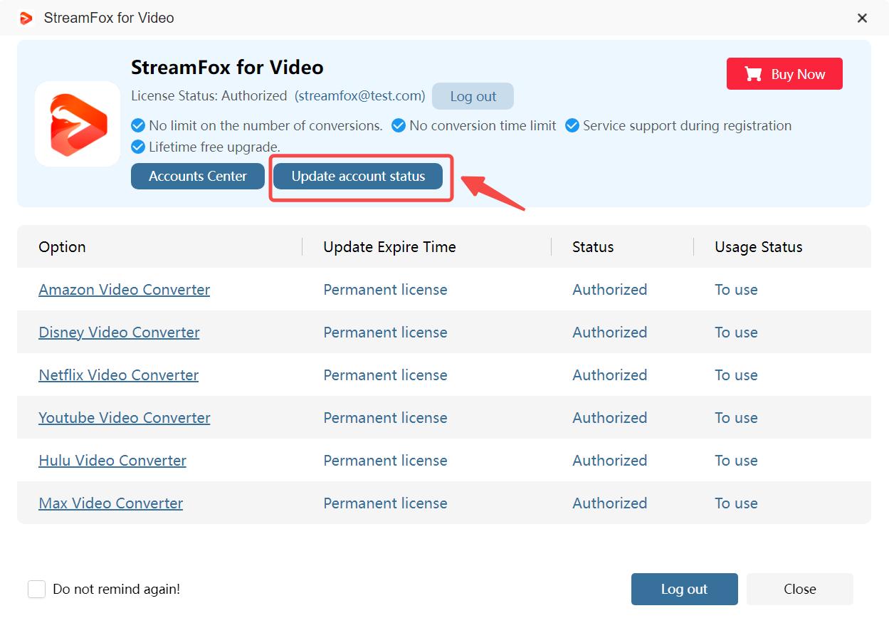 アカウントステータスの更新 | streamfox for video ユーザーガイド
